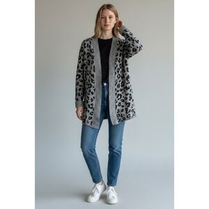 LOFT Cardigan Knit Gray Leopard Print Open Front Cozy XXS Layering Chic